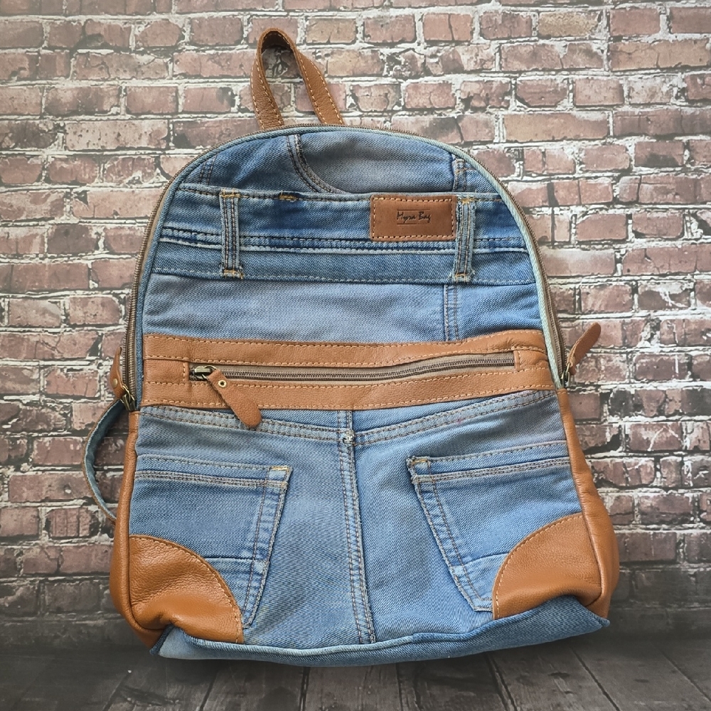 Myra Bag Blue Denim Backpack with Tan Leather Accents